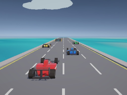 Deniz üstündeki yolda kırmızı formula aracı ve renkli rakipler